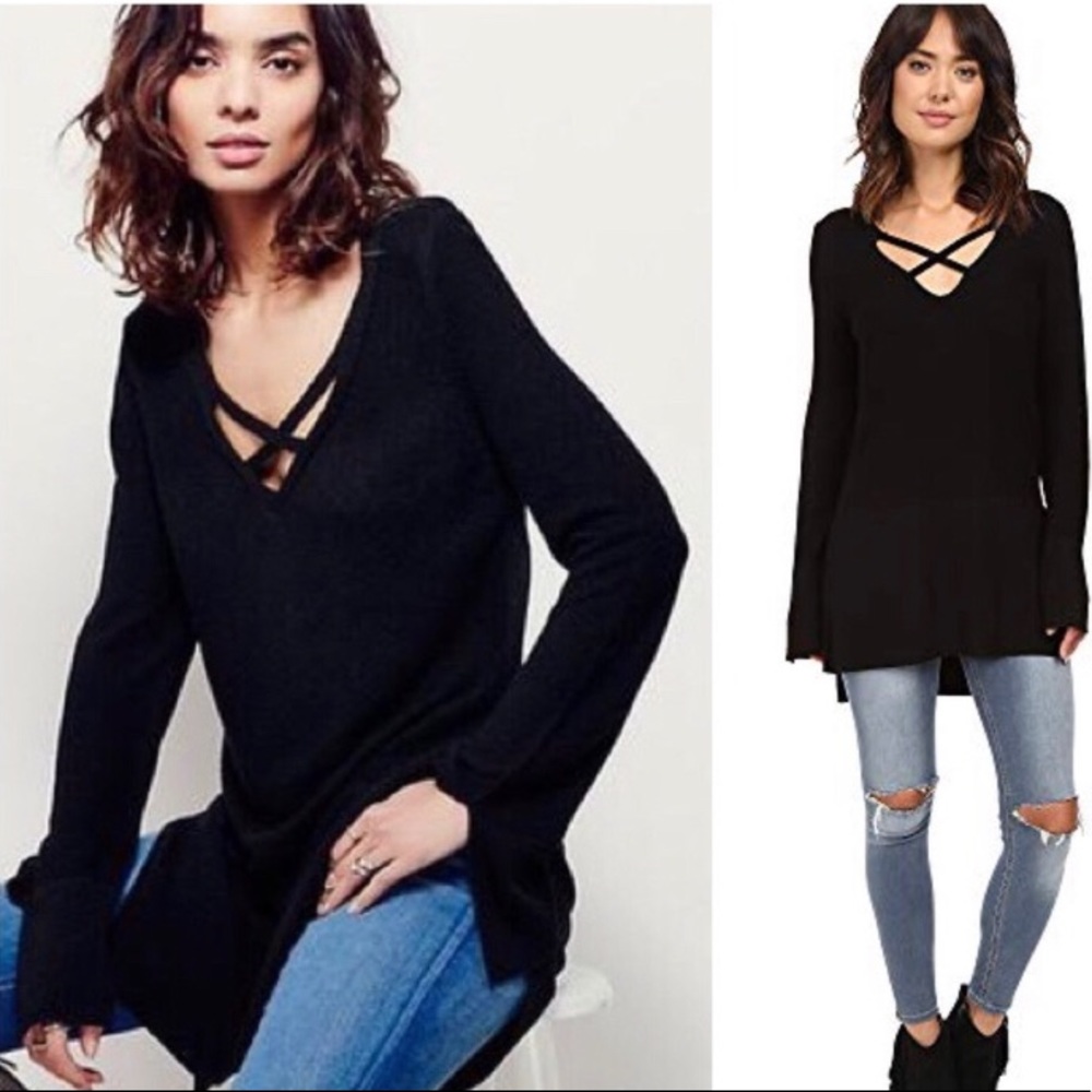 Free People | black criss cross knit tunic size L